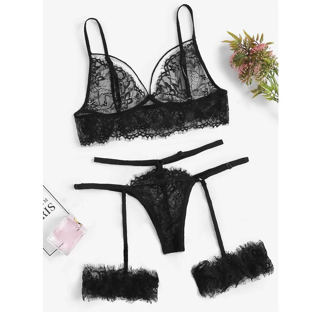 

See Through Erotic Lingerie Set Mesh Embroidery Sexy Bra Brief Sets Sensual Lingerie Woman Lace Women's Underwear Intimates