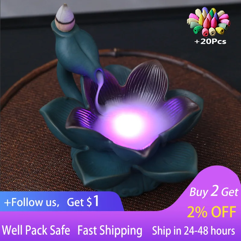 

Ceramic sandalwood backflow burner Crafts creative green lotus leaf LED lamp smoke backflow burner