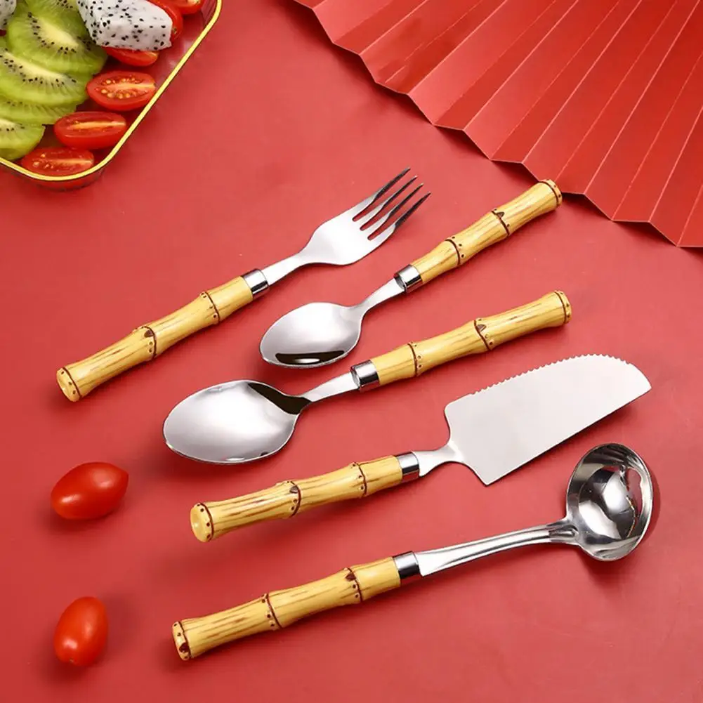 

Cake Spoon Ergonomic Design Comfortable to Grip Stainless Steel Bamboo Handle Stirring Fork Teaspoon Flatware Supplies