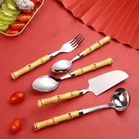 cake spoon ergonomic design comfortable to grip stainless steel bamboo handle stirring fork teaspoon flatware supplies