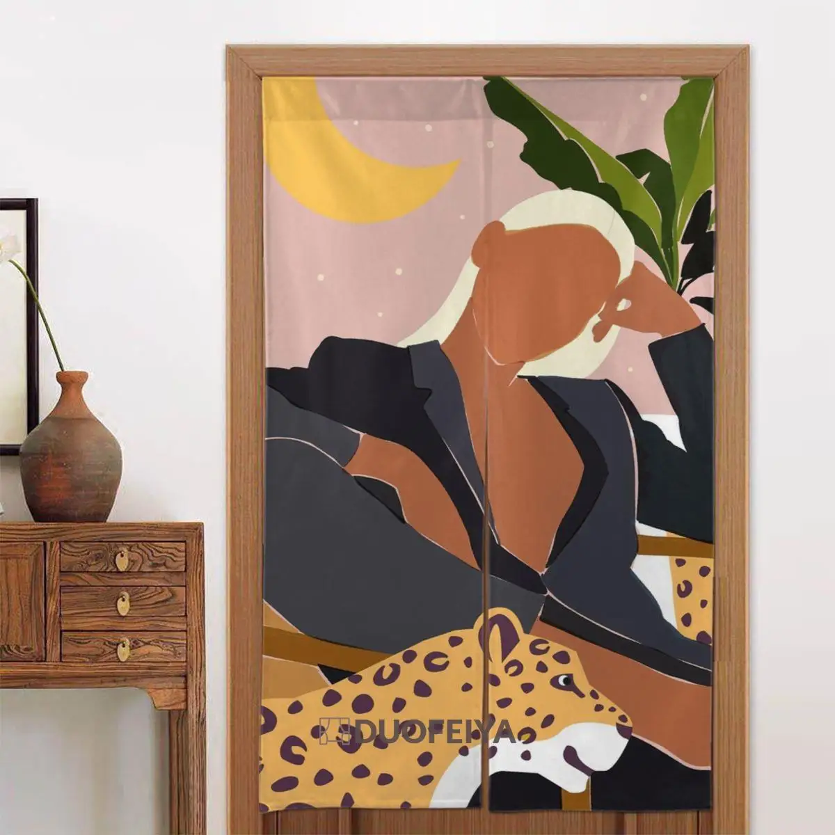 

Beauty And The Leopard Japanese Door Curtain Girl Boss Blackout Curtain Cotton Linen Print Hanging Half Curtain for Kitchen Gift