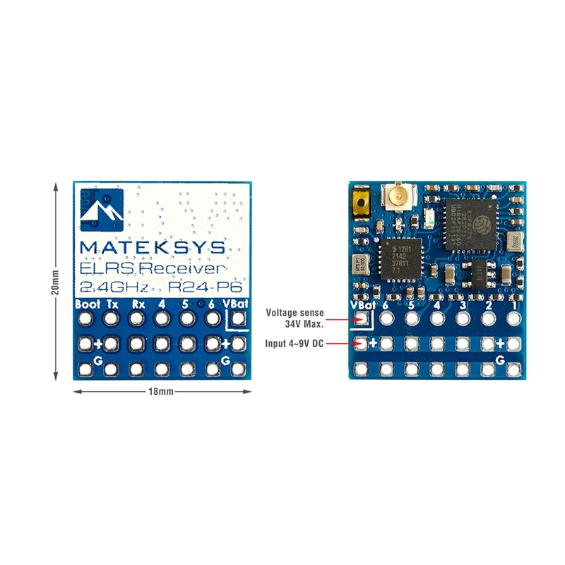 Mateksys MATEK ELRS-R24-P6 R24-P6 EXPRESSLRS 2 4G 6-канальный ШИМ-приемник 3 0 VBAT Sense напряжения для