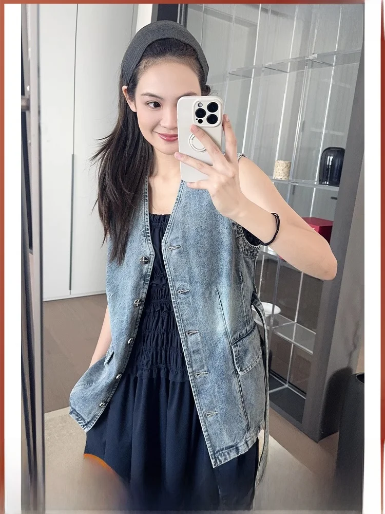 Meiyang [в наличии] Жилет Banxia Джинсовый джинсовый хлопок | Уличный жилет без рукавов с