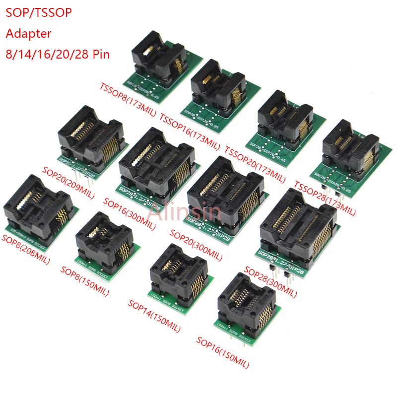 

SOP8/SOP14/SOP16/SOP20/SOP28/TSSOP8/TSSOP16/TSSOP20/TSSOP28 TO DIP programmer adapter socket 150MIL 208MIL 300MIL 173MIL DIP8 28