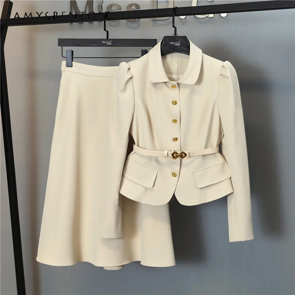 

Элегантный Модный женский костюм, новинка весны 2023, костюм с воротником-поло, куртка с длинным рукавом, облегающая юбка-трапеция, костюм из двух предметов