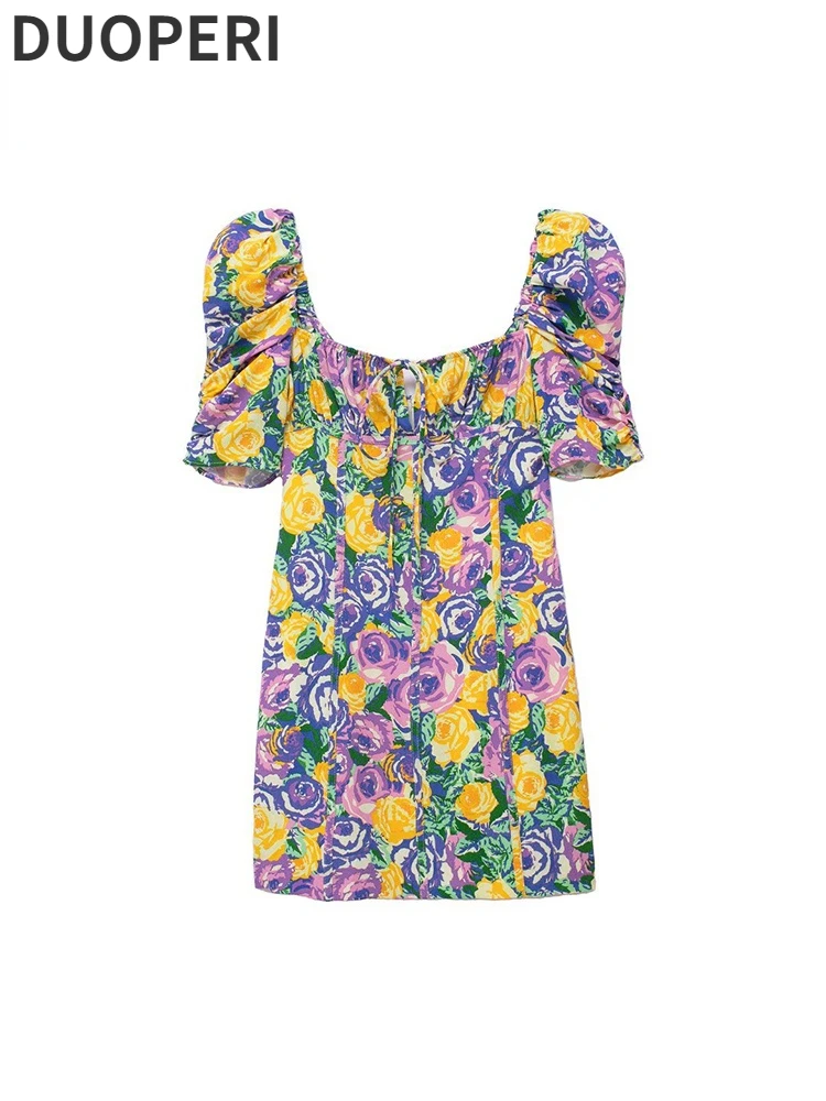 

Платье-мини женское с квадратным вырезом, коротким рукавом-фонариком и молнией на спине