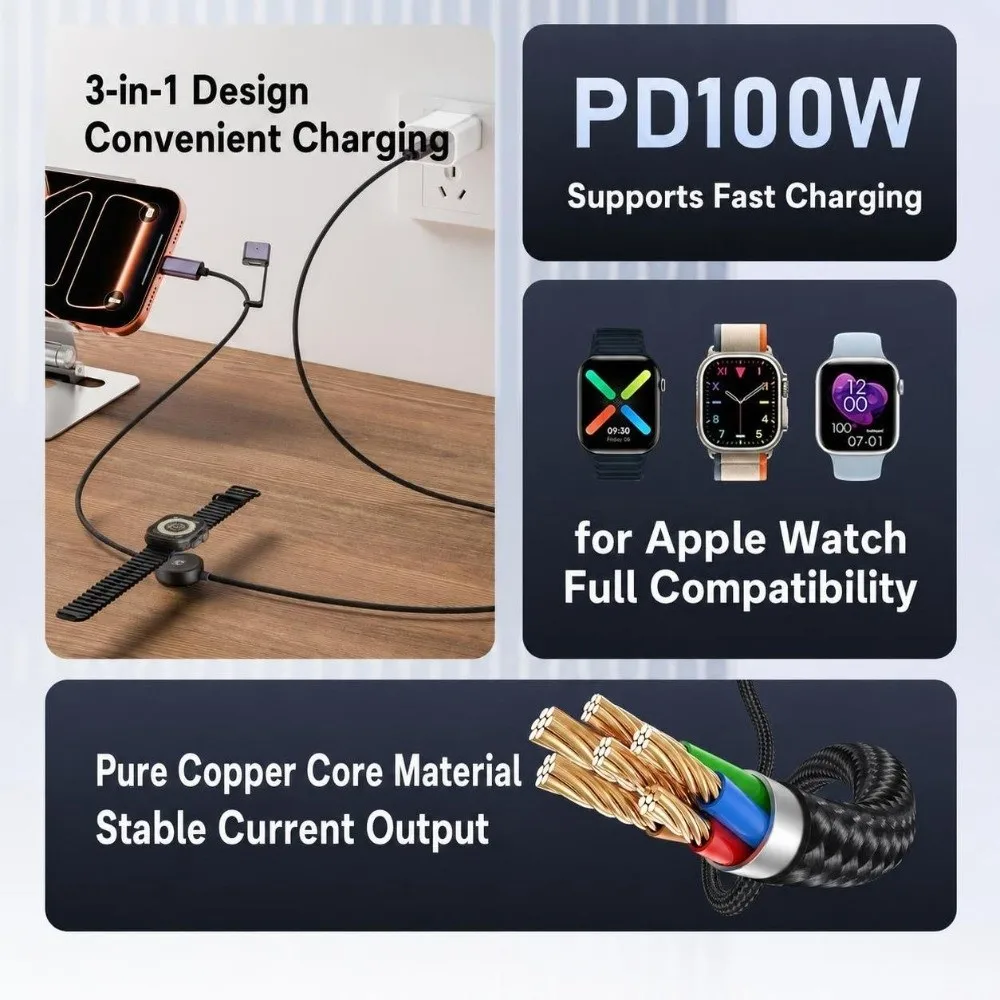 Фото Кабель USB Type-C 3 в 1 для передачи данных и зарядки PD 100W, скорость передачи данных 480 Мбит/с, совместим с Magsafe 3, для Apple Watch/MacBook/iPhone. №4