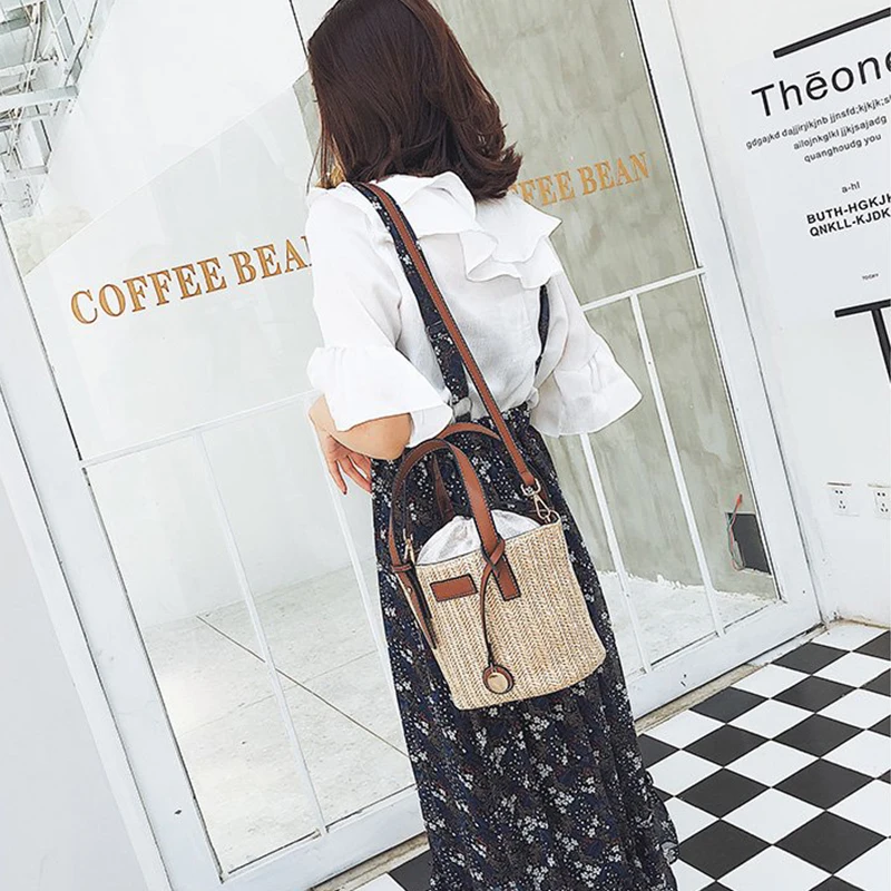 Fashion Weave Straw Bucket Bag Women Crossbody Bags 2020 Women Beach Bags Handbags Rope Knitted Women Handbag Fresh Summer Tote