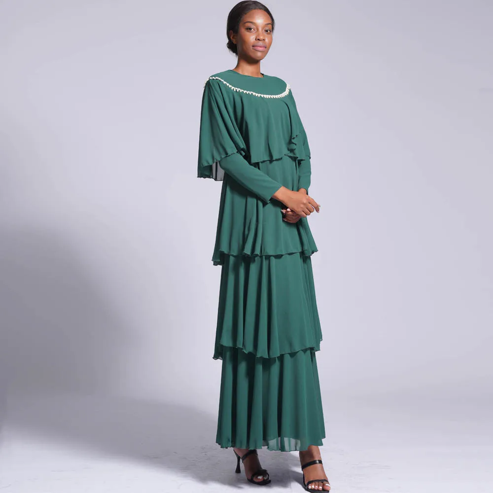 

Wepbel Chiffon Muslim Dress Women Abaya Tiered-Ruffle String of Pearls Cloak Dress Long Sleeve Caftan Islamic Dress for Women