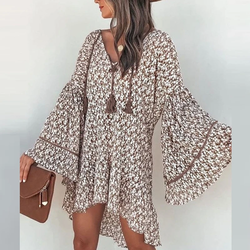 

2023 Summer Lady Ruffls Edge Horn Sleeve A-Line Dress Fashion Women V Neck Casual Floral Dress New Spring Long Sleeve Mini Dress