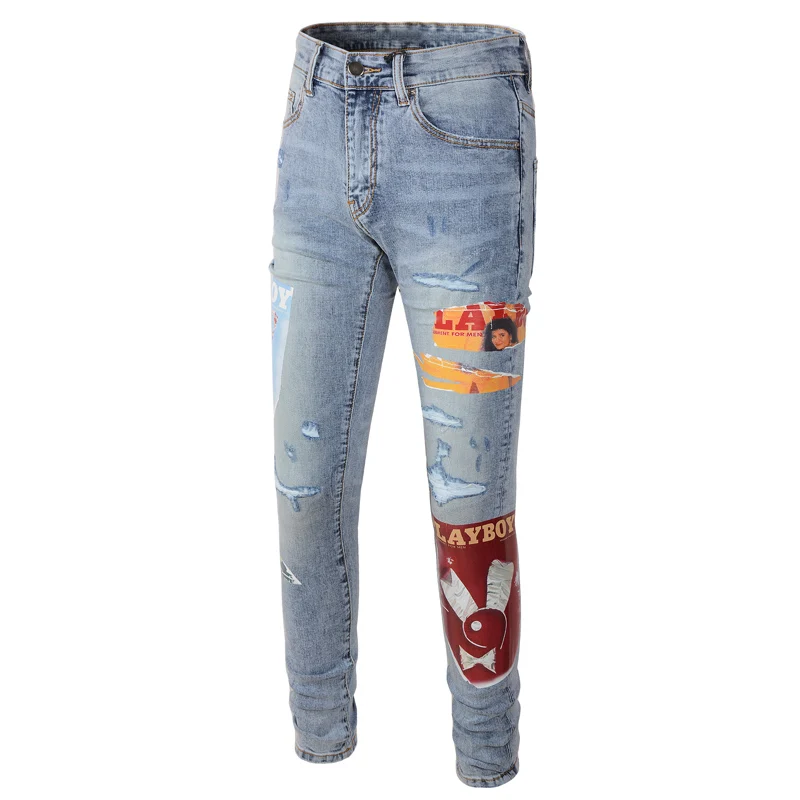 Newly Fashion Designer Men Jeans Retro Light Blue Stretch Slim Fit Patch Ripped Jeans Men Streetwear Hip Hop Brand Pants Hombre
