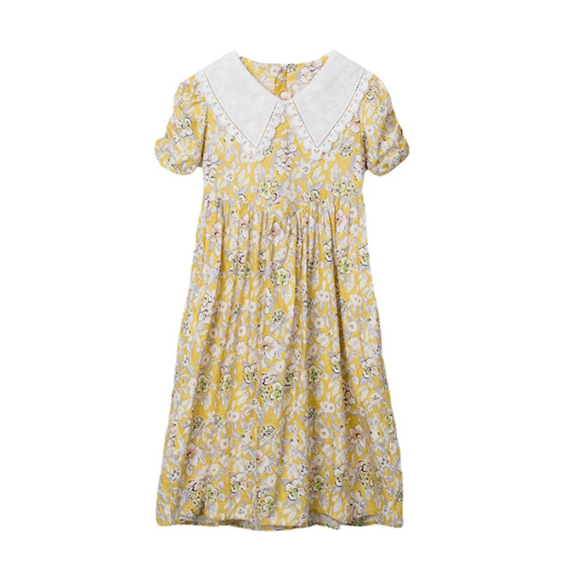 

Floral Kids Dress New Girls Summer Dress Lace Collar Teen Children Cotton Dresses Korean Baby Clothes Princess Puff Sleeve A342