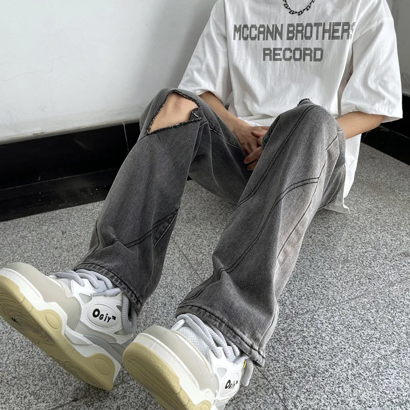 Summer Black Baggy Jeans Men Fashion Retro Ripped Straight Jeans Men Streetwear Hip-hop Loose Hole Denim Pants Mens Trousers