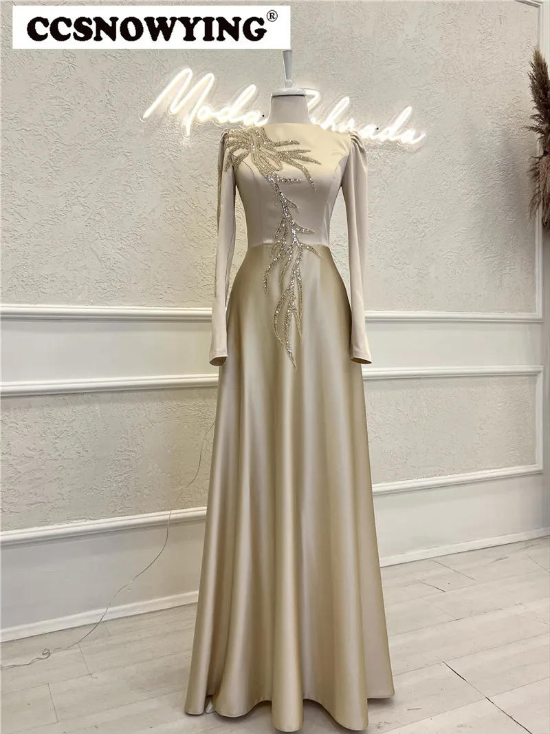 

Атласные вышитые бисером мусульманские Вечерние платья а-силуэта марокканский кафтан с высокой горловиной женское официальное вечернее платье