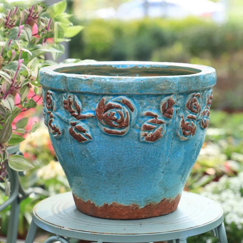

Vintage Blue Embossed Roses Decor Handmade Terracotta Flower Pot