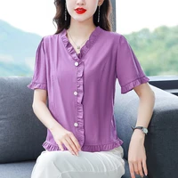 elegant v neck solid color chiffon ruffles shirt 2022 summer button casual tops oversized loose womens clothing commute shirt