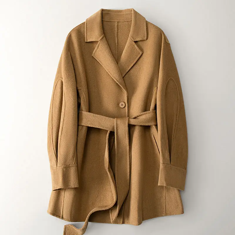 

Женское двухстороннее шерстяное пальто, пальто средней длины со шнуровкой, 100% шерсть, весна 2023