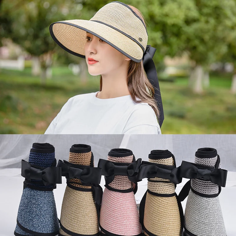 

New Bow Women Empty Top Hat Big Brim Adjustable Ribbon Uv Hollow Straw Cap Outdoor Foldable Casual Travel Beach Hats