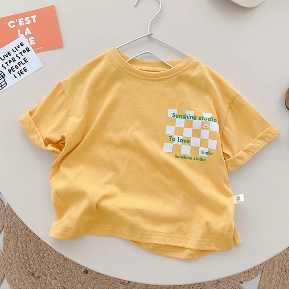 

Toddler Girl T Shirt Cotton Letter Print Yellow Color Fashion Childrens Summer Clothing
