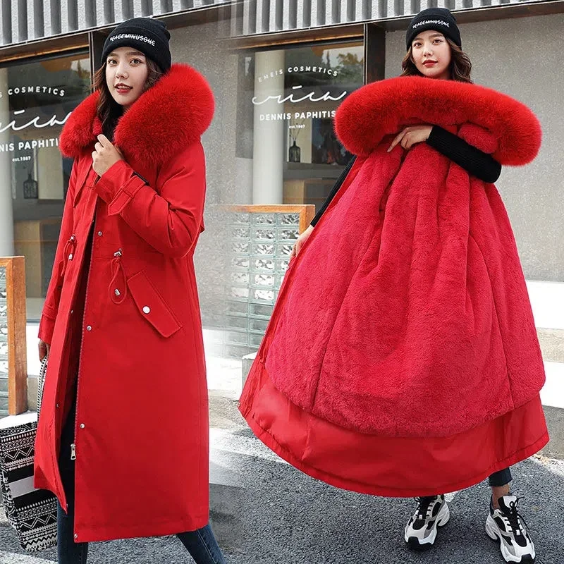 Women's Parkas 2022 New Winter Jacket Fur Lining Long Coat Thick Warm Female Hooded Fleece Padded Parka Distachable Outwear