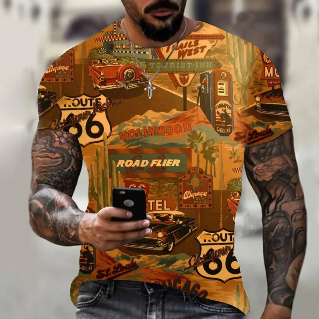 

Summer Hot Sale 66 American Road T-shirt 2022 Fashion short-sleeved T-shirt Top O-neck T-shirt Men Retro Clothes Streetwear