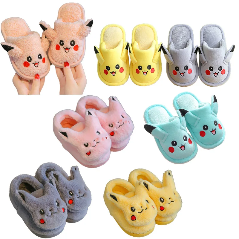 

Kawaii Anime Pikachu Children's Cotton Slippers Girls Cartoon Cute Boys Cotton Shoes Winter Warm Non-Slip Indoor Home Slippers