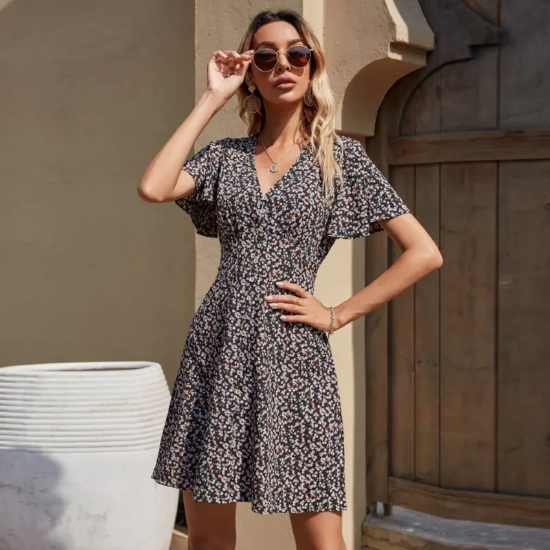 

Elegant A Line Dress V Neck Floral Print Mini Dress Flare Short Sleeve Button Party Dress Vestido De Mulher