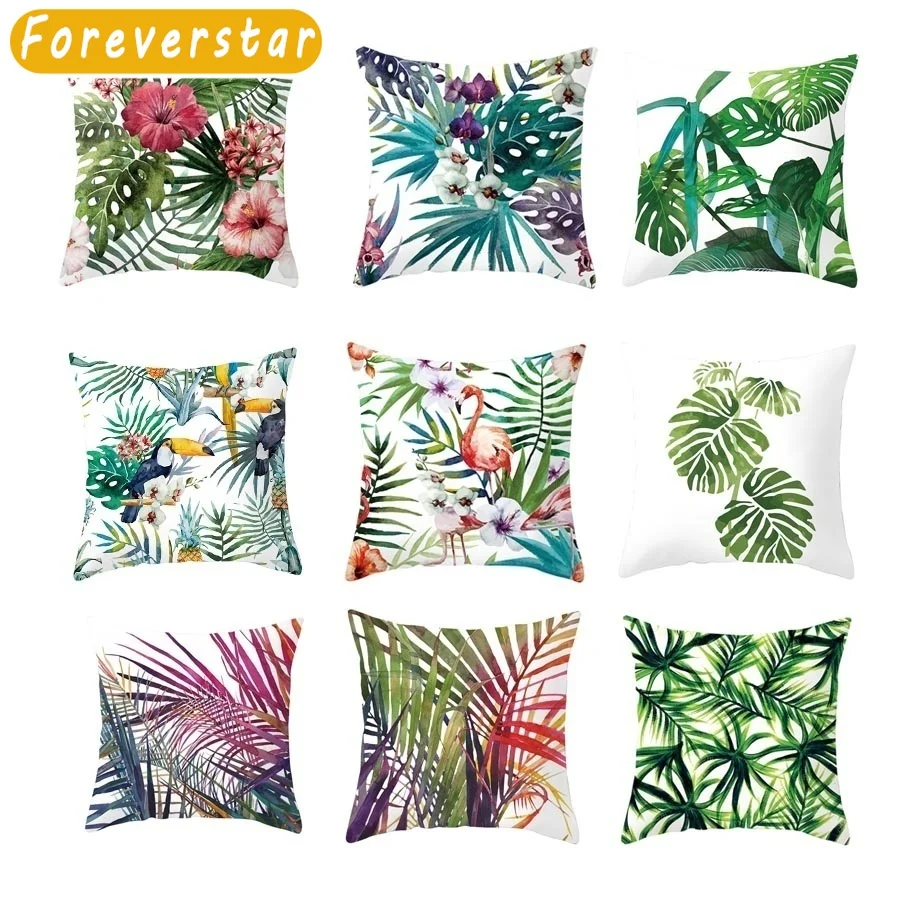 

Tropical Plants Cushion Cover Polyester Pillow Cases Decorative Green Leaves Throw Pillowcase Funda Cojín Housse De Coussin