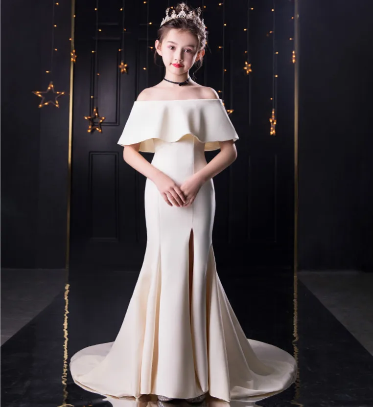 

white slit mermaid dress age for 3- 14 yrs teenage girls vintage noble graduation gowns evening party kids frocks