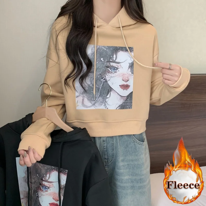 

Autumn winter fleece warm Hoodies Women crop tops casual loose cartoon print hoodie korean cute velvet thicken hooded Sweatshirt