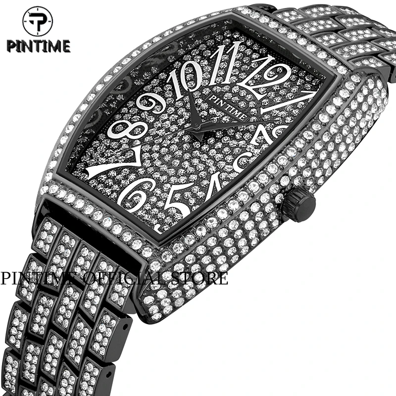 

PINTIME Iced Out Quartz Watch for Men Luxury Full Diamond Hip Hop Rhinestone Stone Inlay Big Numbers Wristwatch Male Reloj Clock