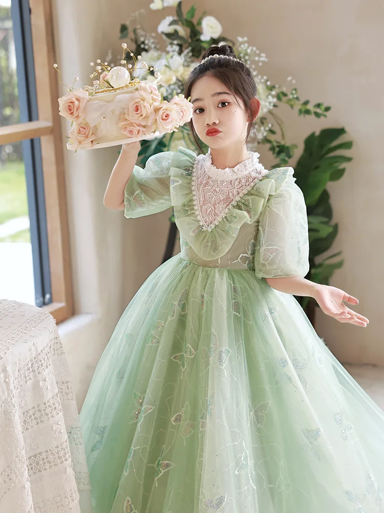 

Вечернее платье принцессы для девочек-подростков, детское зеленое кружевное Бальное Платье макси с блестками для вечеринки в честь Дня Рождения, детские костюмы для подиума, 2023