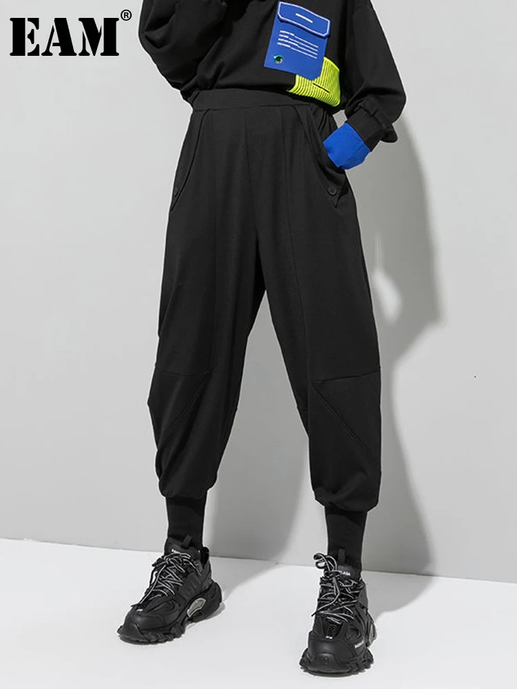 

[EAM] High Elastic Waist Black Leisure Long Harem Trousers New Loose Fit Pants Women Fashion Tide Spring Autumn 2022 1DE2053