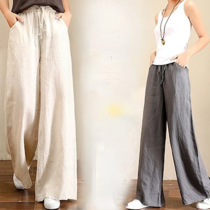 

Брюки женские хлопково-льняные с широкими штанинами, повседневные свободные пляжные штаны с высокой эластичной талией и карманами, белые о...