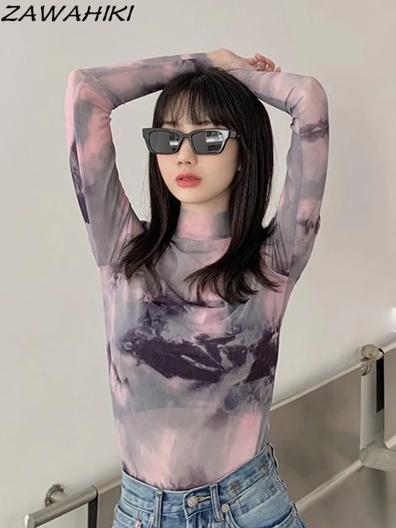 

Y2K Aesthetic Tie Dye Mesh Blouse Turtleneck Long Sleeve Pullover Women Top Harajuku High Street Slim Gradient Casual T-shirt