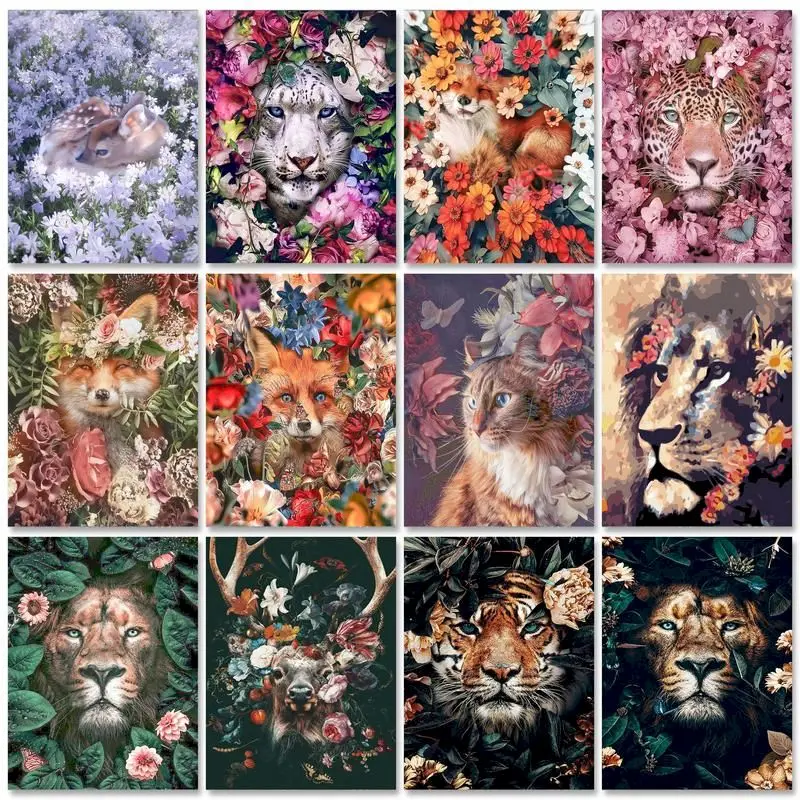 

GATYZTORY Flower Animals Acrylic Paint By Numbers Deer DIY 60x75cm Oil Painting By Numbers On Canvas Lions Digital Home Decor