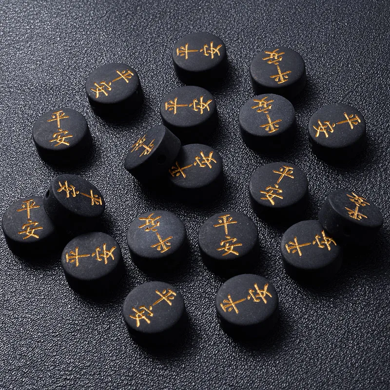 

12mm 30Pcs Round Black Resin Beads Black White Font Peace Security Loose Spacer Beads For Jewelry Making DIY Accessories