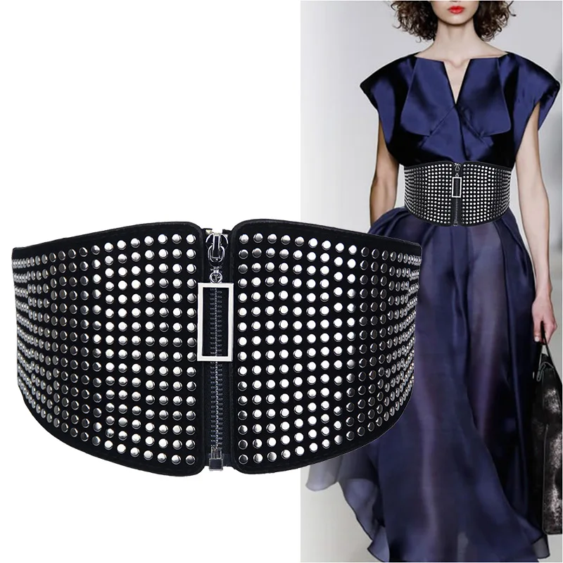 Fashion Elastic Elastic Waist Seal Pendant Rivet Decorative Zipper Versatile Dress Wide Belt Shirt Women's Black