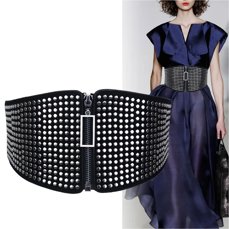 

Fashion Elastic Elastic Waist Seal Pendant Rivet Decorative Zipper Versatile Dress Wide Belt Shirt Women's Black