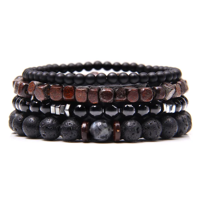 

Natural Stone Beads Men Bracelet Multilayer Black Lava Onyx Wooden Beads Charm Punk Bracelet Bangles Women Jewelry Couples Gift