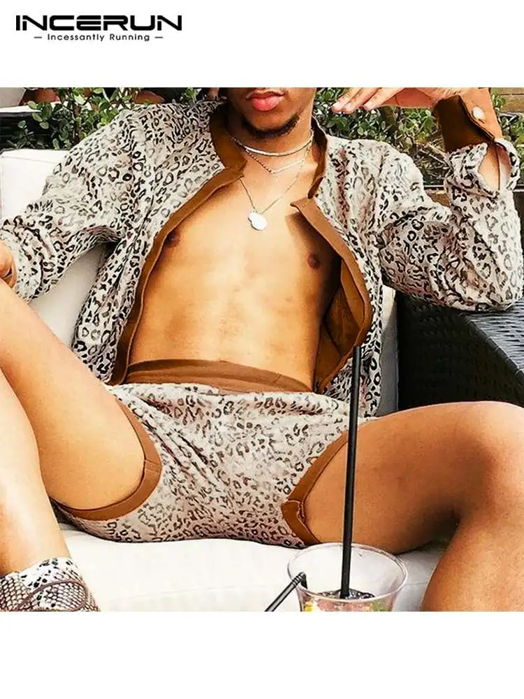 

Мужской костюм в американском стиле из 2 предметов, кардиган с леопардовым принтом и длинными рукавами, шорты, мужская повседневная Уличная ...