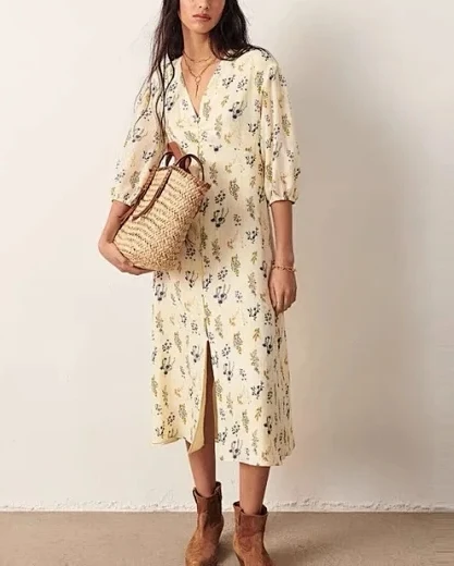 

128057 128058 128056 Fashion Classic Trendy Luxury Designer Cloth V-neck Button Puff Sleeve Fairy Flower New Dress