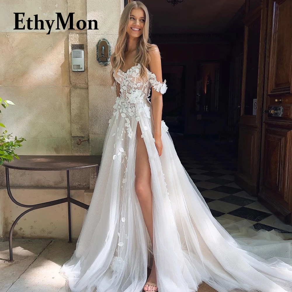 

Ethymon Off The Shoulder Charming Wedding Dresses For Bride Floral Print Side Slit Tulle Vestido De Casamento Personalised Pleat