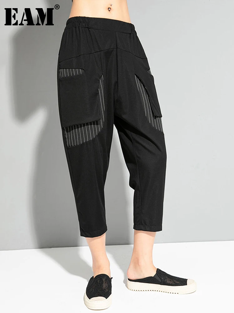 

[EAM] брюки-шаровары в черную полоску с высокой эластичной резинкой на талии и карманами, новинка, свободные женские брюки, модные весенне-летние 2023, 1DD8609