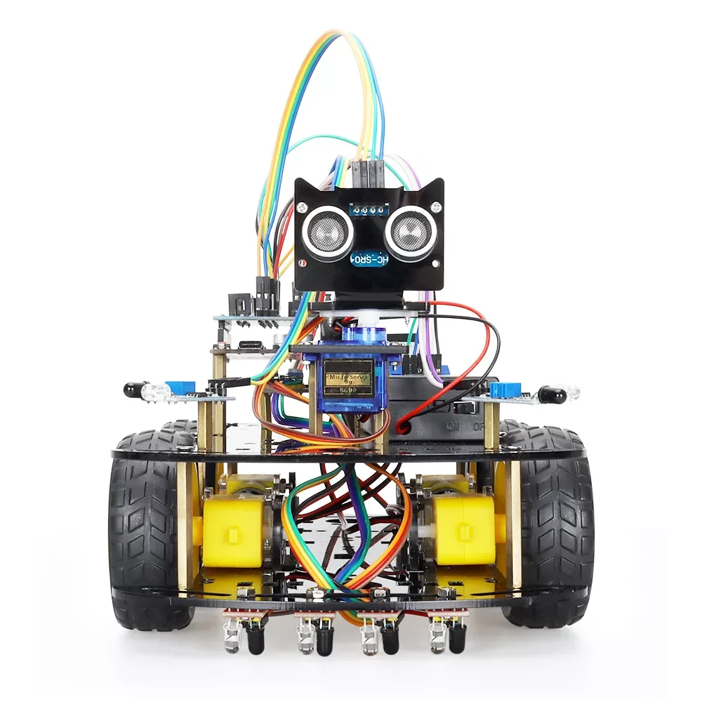 

Наборы умных роботов-автомобилей 4WD для Arduino UNO R3 Project, ультразвуковой сенсор, модернизированные наборы роботизированных автомобилей с велик...
