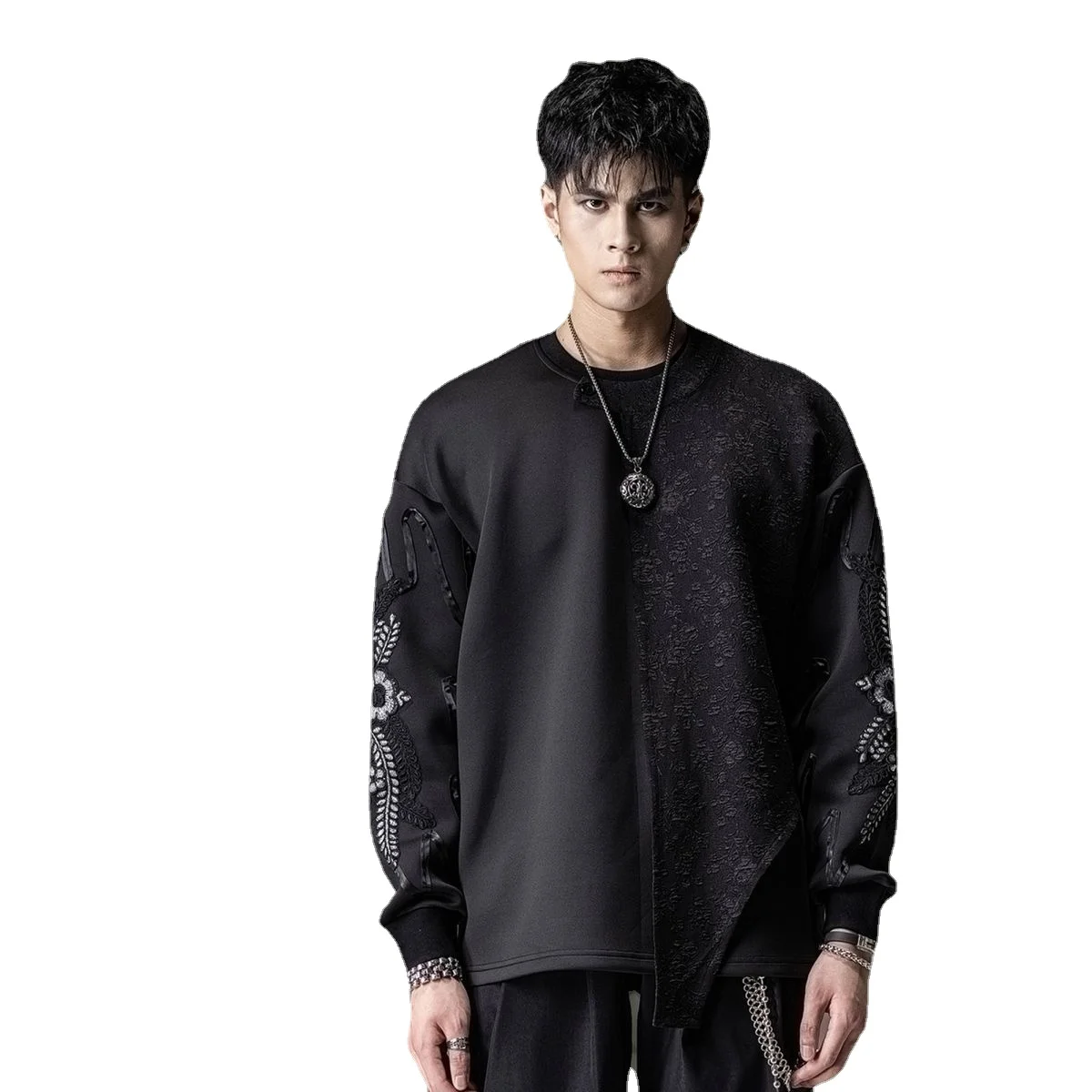 

2022 New design black personality fashion men's male Autumn stitching jacquard sweatershirt solid color casual top BC223109007