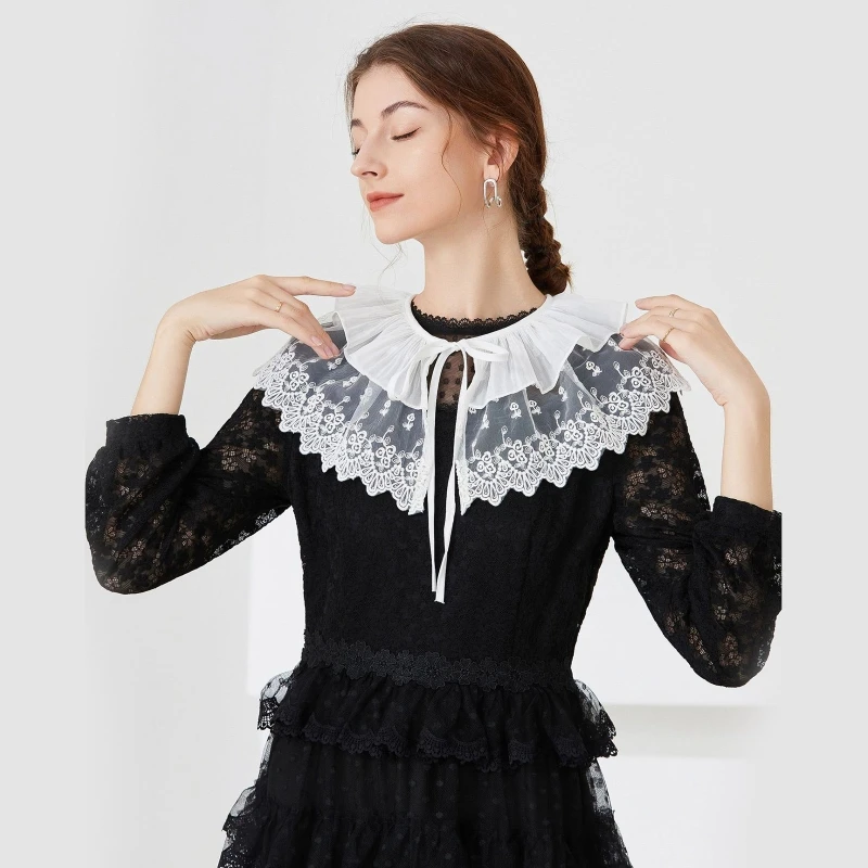 

Sheer Embroidery Floral Mini Cape Women Lace-Up Layered False Collar
