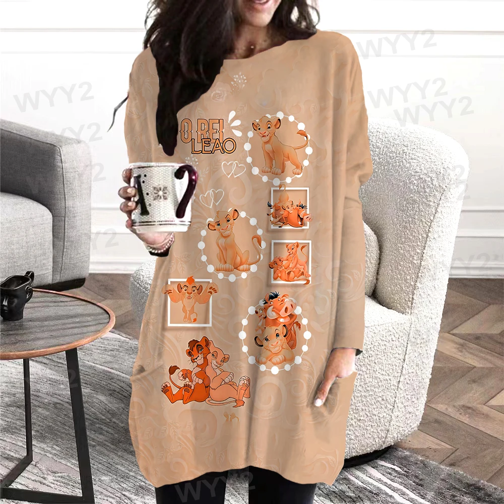 2022 New Lion King Print T-shirt Round Neck Loose Tops Splicing Print Long-sleeved Autumn And Winter Ladies Daily Retro Pullover