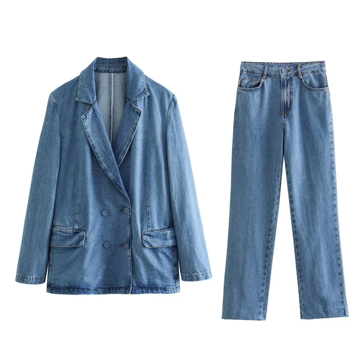 

Women 2023 New Fashion Denim Double Breasted Blazer Coat Vintage Long Sleeve Pockets Female Outerwear Chic