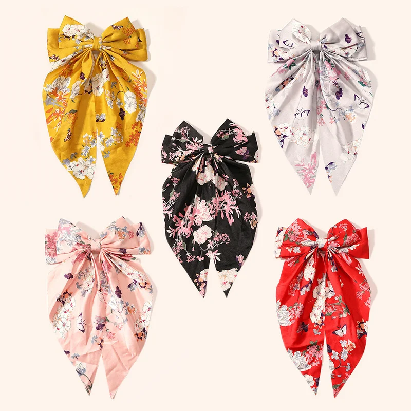 

Fashion Flower Printed Bow Hair Clips Women Headwear Long Hair Ribbon Satin Hairclip Barrettes Hair Accessories